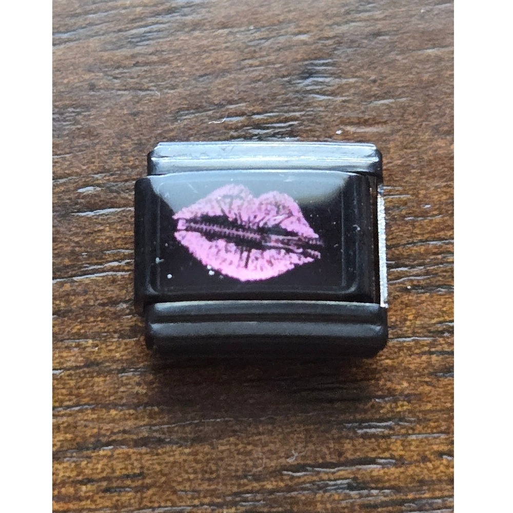 Pink Lips Italian Charm Link Black Stainless Steel 9mm Modular Bracelet Charm